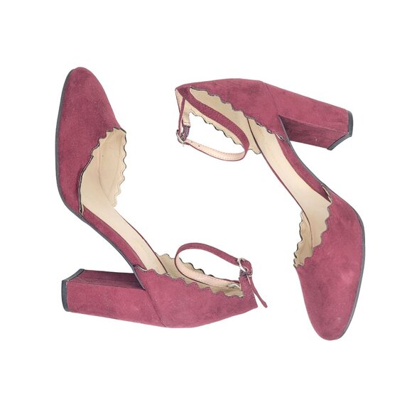 Marc Fisher Burgundy Scalloped Suede Ankle Strap Block Heels 6M - Picture 4 of 8